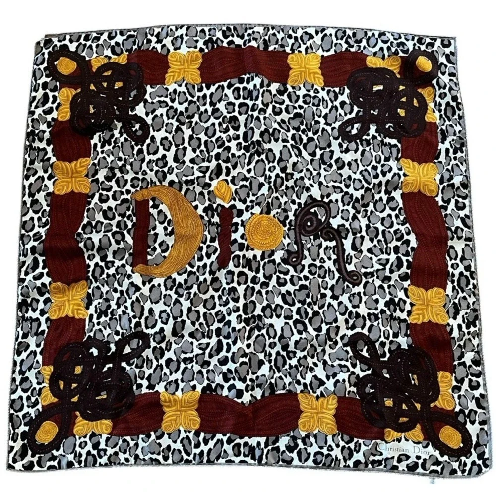 CHRISTIAN DIOR Leopard Silk Twill Scarf Spell Out Rope Knot Cord Gray Brown Gold